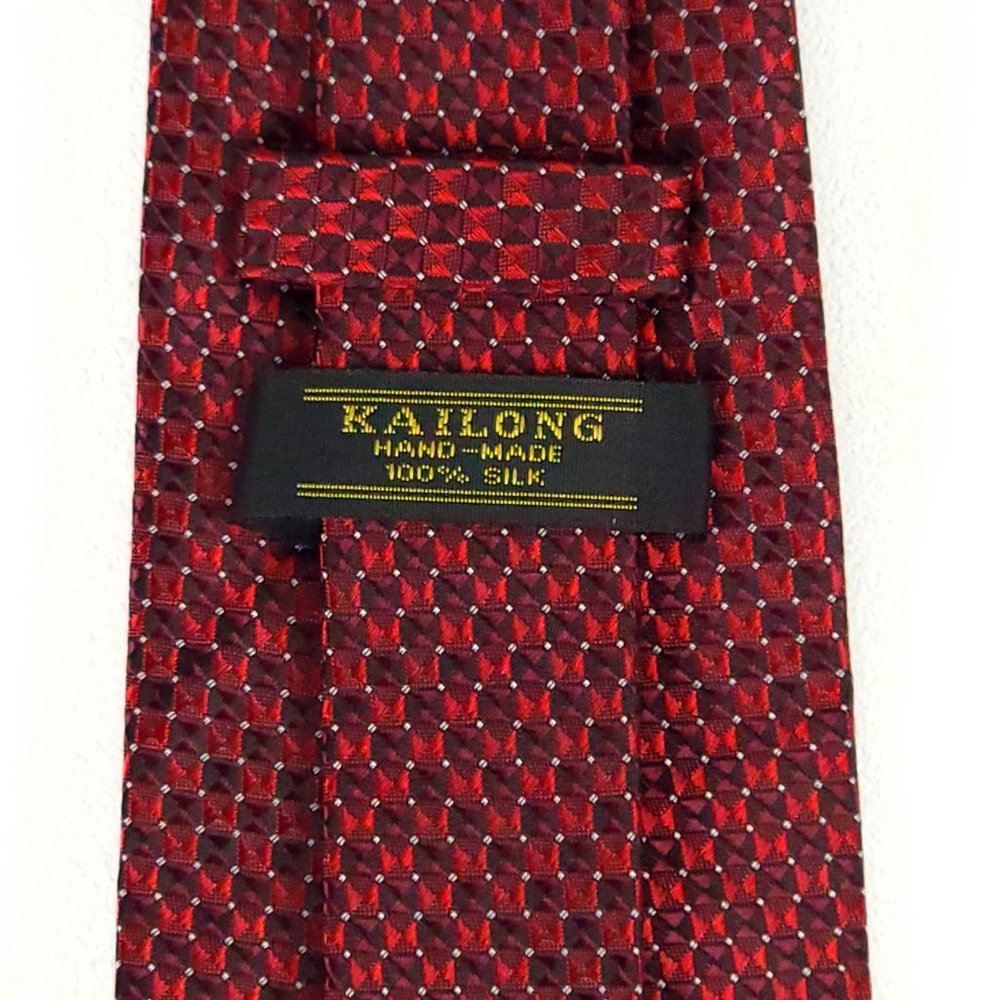 Kai Long Mens‎ Silk Necktie Lot 3 Red Burgundy Plaid Geometric Hand Made Ties - Picture 9 of 13